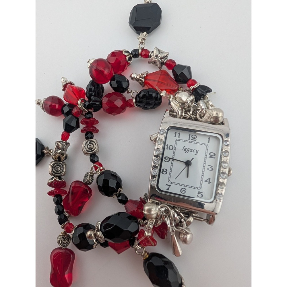 Vintage Legacy Watch Women 25mm Silver Case Beaded Band Red/Black- New Battery